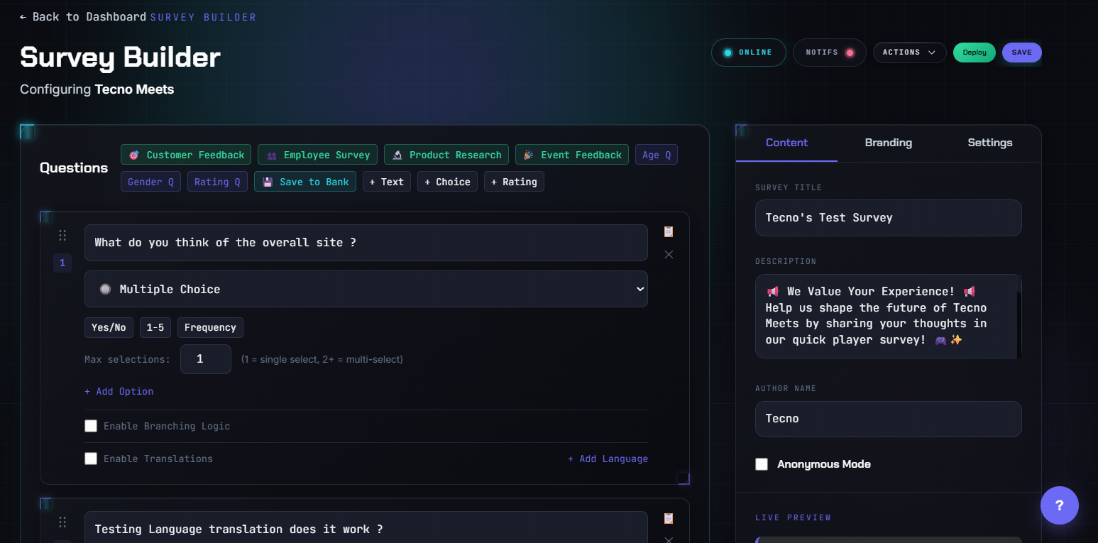 TecnoCore survey builder dashboard showing question setup, branding, and live preview